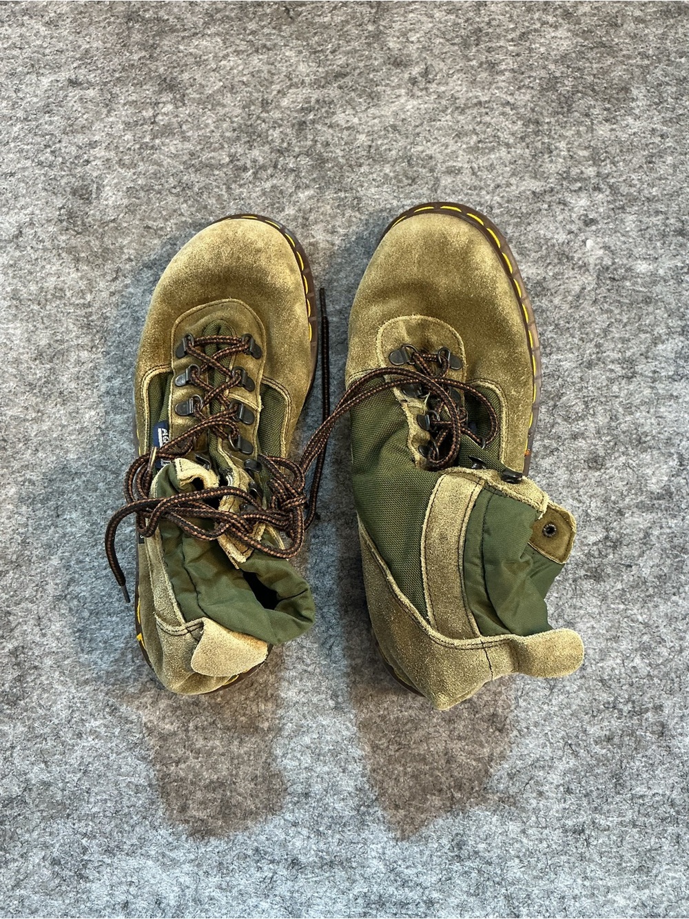 Dr. Martens Vintage Olive Green Suede Lace-Up Boots with Yellow Stitching Size 7